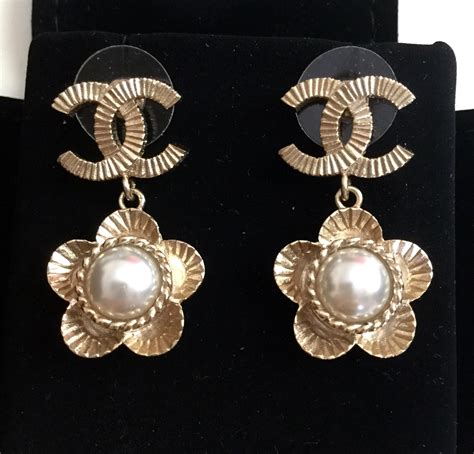 gold chanel pearl drop dangle earrings|Chanel vintage earrings pearl.